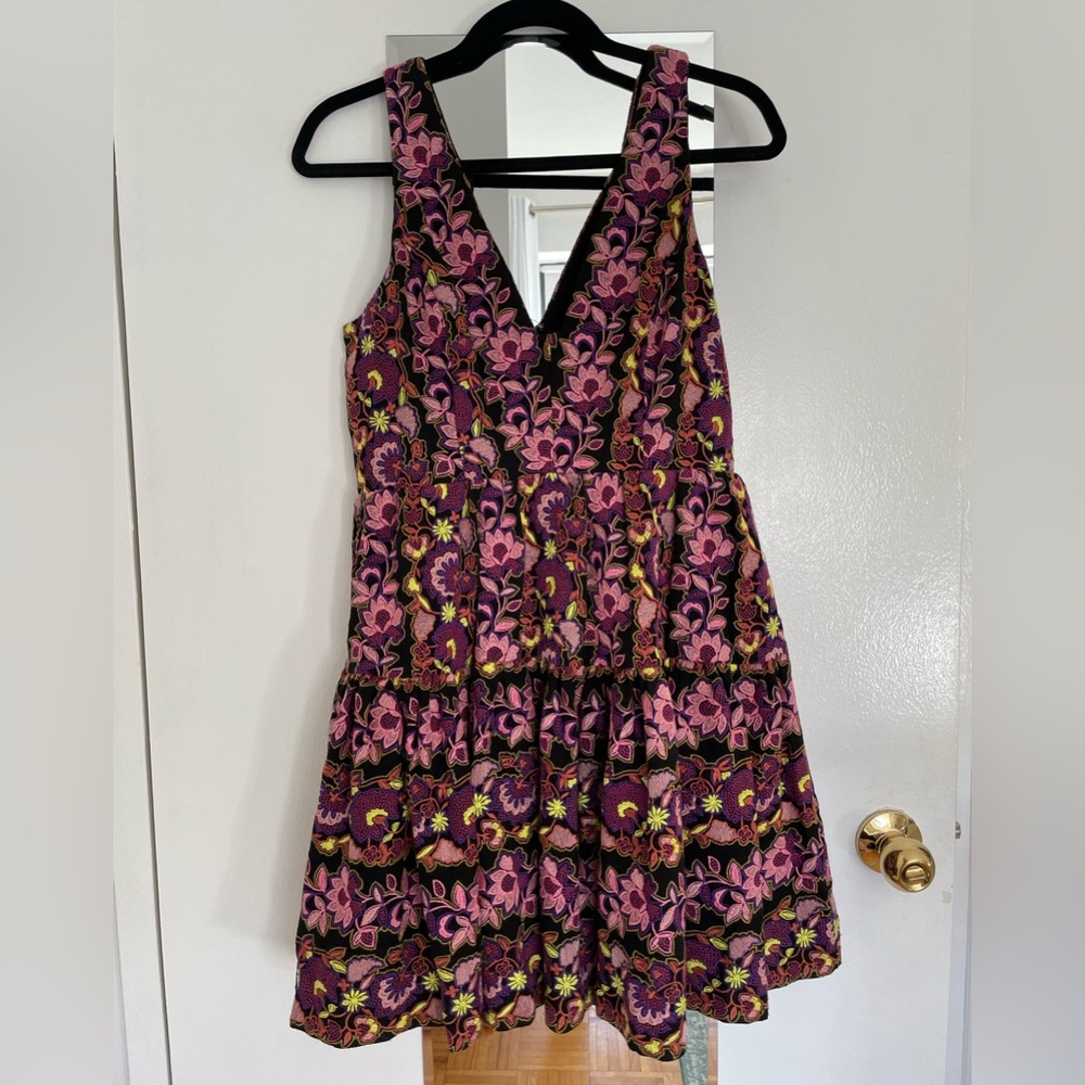 By Anthropologie purple floral brocade dress with bow detail. Size 6, never worn
